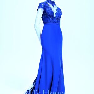 JJs House Lace Chiffon Evening Dress In Royal Blue